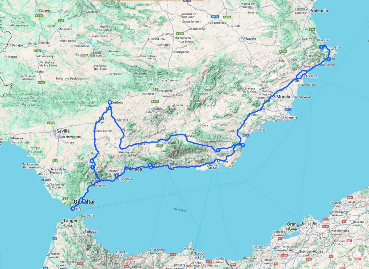 Route van onze reis door Andalusië.