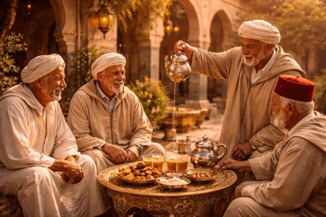 Marokko, theeschenken op traditionele wijze.